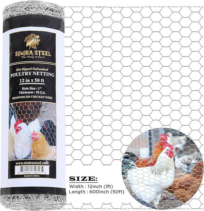 Chicken Wire 12 in x 50 FT x 1” Mesh x 20GA | Poultry Wire Netting | Hot Dipped Galvanised | Hexagonal Galvanized Mesh for Chicken Coop, Rabbit Cage, Fence Barrier (12X50)
