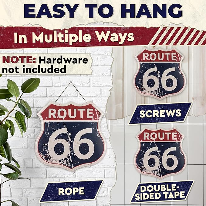 Route 66 Sign - Easy to Hang Tin Signs Vintage Style 12×12 Inch | Route 66 Decor For Bedroom, Man Cave, Garage, Workshop, Bar, Cafe - Retro Road Signs Cars Wall Decor for Gifting and Party Decoration