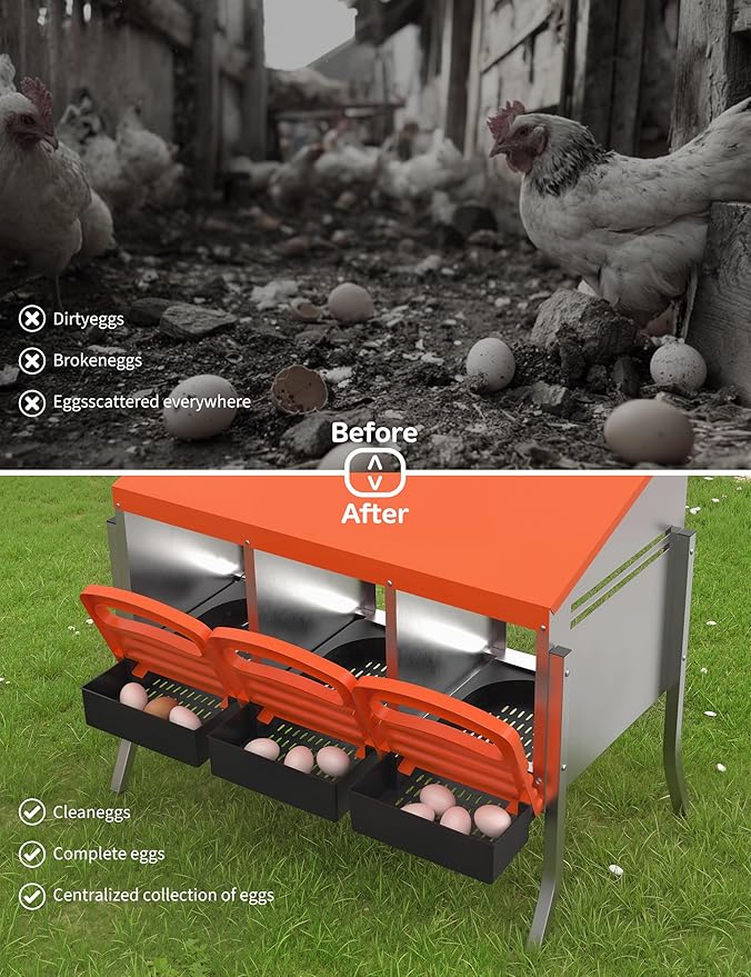 Chicken Nesting Boxes, 3 Hole Metal Rollaway Nest Box for Laying Hens with Cleanable Pull-Out Trays Wall Mount or Placed Design for Easy Egg Collection & Cleaning(Includes Legs)