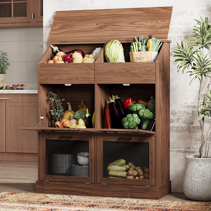 SUNBURY 47" Tall Farmhouse Kitchen Pantry Cabinet, Freestanding Wooden Vegetable Storage Hutch with Breathable Mesh Doors, 6-Compartment Floor Cabinet for Potato, Onion, Rustic Brown