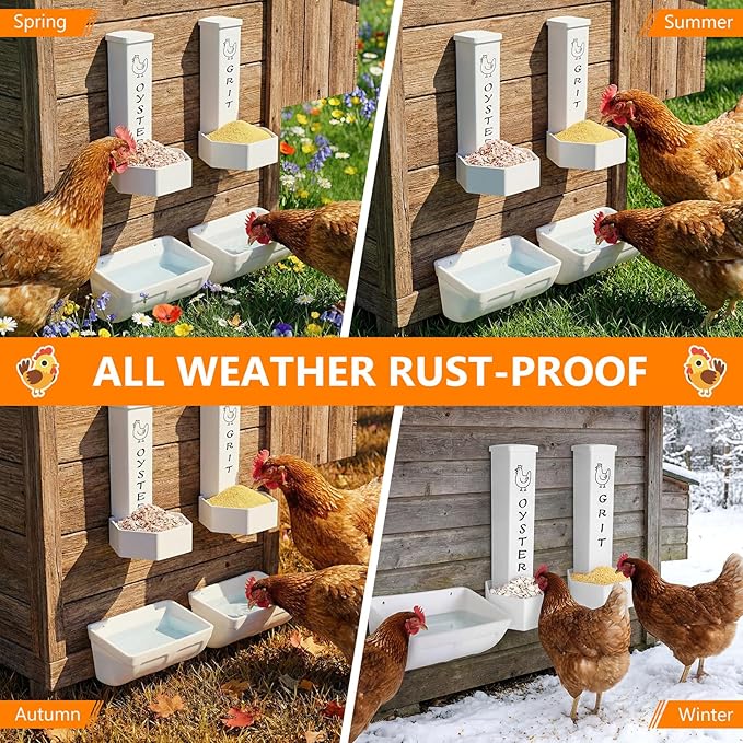 4 Pack Total Chicken Grit and Oyster Shell Feeder Kit, Includes 2 PVC Gravity Grit Feeders with Lid & 2 Hanging Poultry Waterers for Hens, Ideal for 5-6 Chickens, Coop Accessories for Healthier Eggs
