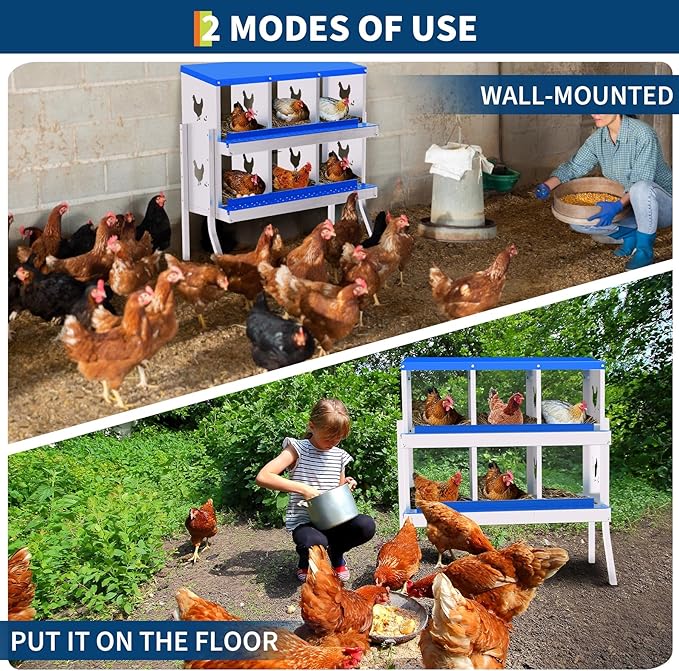 Chicken Nesting Boxes,6 Compartments Galvanized Steel Metal Laying Boxes with Leg,Pull-Out Egg Box Easy Egg Collection & Clean,Wall Mount Suitable for Farm Chicken House,Blue