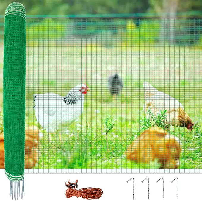 Non Electric Fence Netting 48"x65', Boundary Fence with Double Spiked Posts&Windproof Kit, Portable Poultry Fence for Dogs, Chickens, Ducks, Turkeys Suitable in Backyard, Garden
