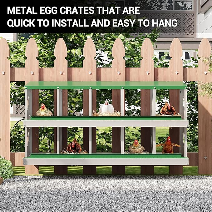 10 Hole Chicken Nesting Box, Galvanized Steel Nesting Boxes with Vented Design, Laying Nesting Boxes for Hens, Wall Mount, Green