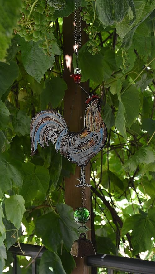 Sunset Vista Designs Bouncy Garden Decoration with Mini Cow Bell, 11-Inch, Galvanized Metal Rooster