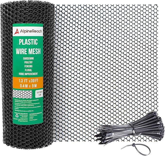 AlpineReach Plastic Wire Mesh 1.3ft x 30ft Fence Roll with Zip Ties - Ideal for Poultry, Dogs, Rabbit Barrier & Gardening, Durable Chicken Mesh, Versatile Rigid Fencing & Netting, Black (15.7" x 360")