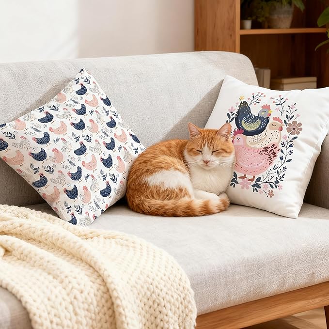 Rustic Floral Chicken Pillow Covers 18x18, Chicken Lover Lady Mom Gifts, Cottagecore Flower Farmhouse Hen Decorative Throw Pillow Covers for Home Bedroom Living Room, Set of 2,Color-3
