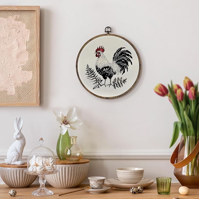 KFXHANGD Farmhouse Chicken Round Wall Art Framed, Rooster Kitchen Decor, Rustic Rooster Canvas Wall Art Decor, Retro Chicken Hanging Wall Decor for Kitchen Bathroom, Chicken Lover Gifts, 10x10In