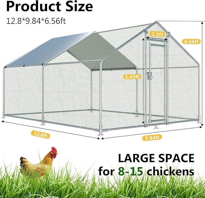HITTITE Large Metal Chicken Coop with Run, 12.8 x 9.84 x 6.56 ft Walk in Poultry Cage Chicken Run Pen, Outdoor Chicken Runs for Yard with Waterproof & Anti-UV Cover