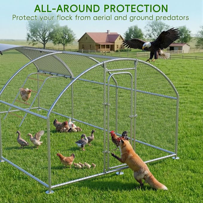 Large Metal Chicken Coop with Roosting Perch, Walk-in Poultry Cage Chicken Run House Chicken Pen Dome Shaped Coop with Waterproof Cover for Outdoor Backyard Farm Use (10' L x 19.7' W x 6.4' H)