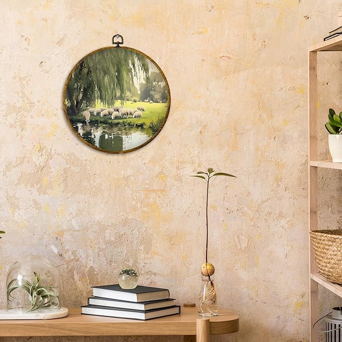 CUANFDDSF Rustic Farmhouse Sheep Round Wall Art, Retro Countryside Landscape Cottagecore Framed Hanging Wall Decor, Country Farm Life Animal Canvas Prints Decorations for Home Living Room, 10x10 Inch