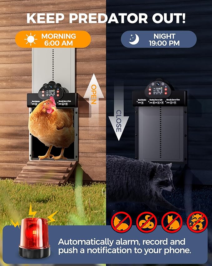 2K HD Camera Automatic Chicken Coop Door, WiFi Solar Powered Chicken Door with 9000mAh Battery, Timer & Light Sensor, Anti-Pinch Function, Security Alarm, Chicken Coop Accessories
