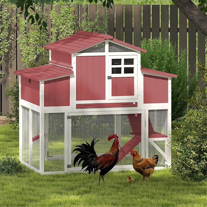 56.03" L 2-Story Chicken Coop with Run,Fir Wood Chicken House Hen House with 2 Large Nesting Boxes,Expandable Poultry Cage for 2-4 Chicken with 4 Perching Bars,Pull-Out Tray,Ramps,RED
