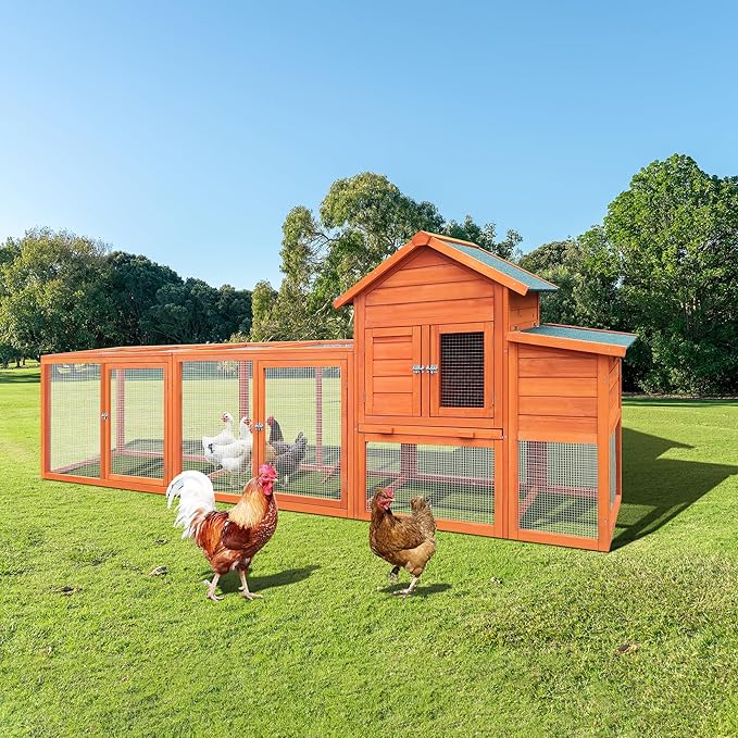 122" Wood Chicken Coop with Nesting Box,Outdoor Chicken Run W/Run&Perch,Wooden Large Hen House W/Ramp&Sliding Trays,Waterproof Poultry Cage W/Sloped Asphalt Roof,for Backyard Farm Use,Natural