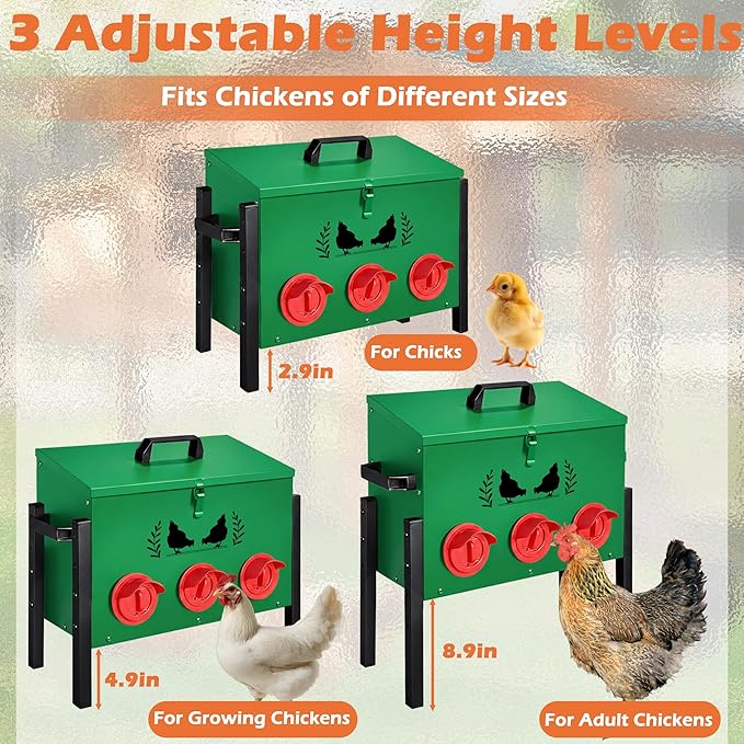 Large Capacity Automatic Chicken Feeder, 6 Port Chicken Feeder, 28LB Metal Chicken Feeders with Locking Lid & Adjustable Legs, No Waste Chicken Feeder, Green