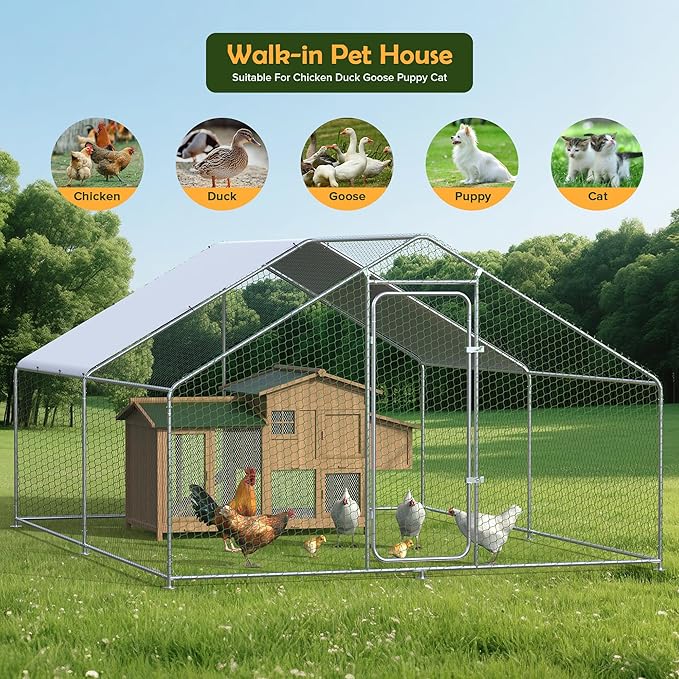 Metal Chicken Coop with Cover for Yard Large Walk-in Chicken Runs for 20 Chickens with Galvanized Steel Frame for Outdoor Heavy Duty Spire Roof Poultry Cage for Hen Duck Rabbits Goose Puppy