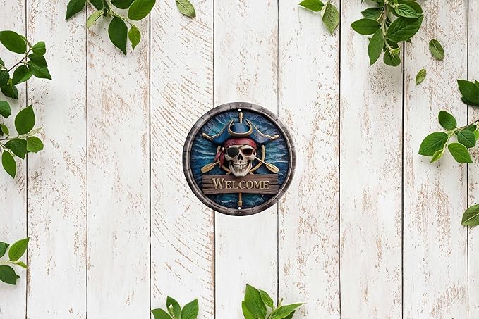 CSWLJS Skull Welcome Wall Art Decor Metal Sign Beach Vintage Round Plaque Nautical Themed Bar Cafe Home Decor Enthusiasts Gift For Friends And Family 8x8 In