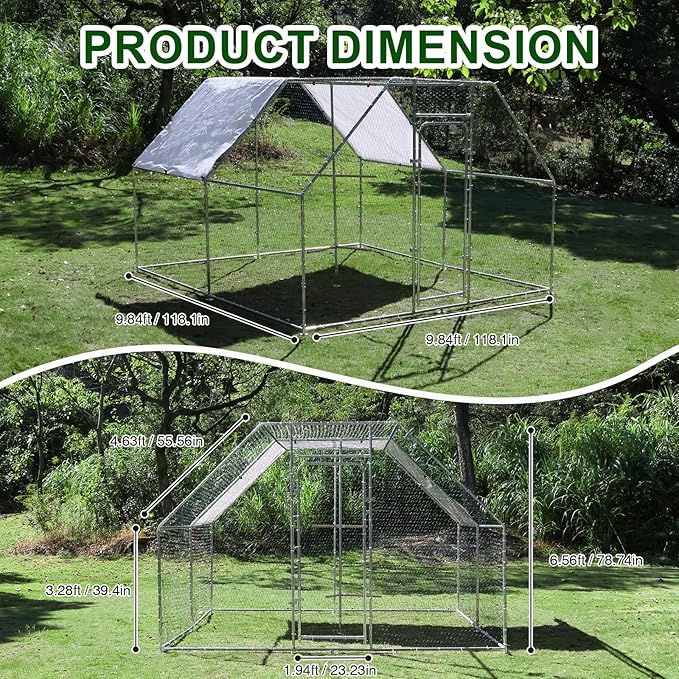 Large Metal Chicken Coop 9.8 x 9.8 x 6.6 ft Walk in Chicken Runs for Yard with Cover & Perch, Chicken House for Duck Rabbit, Chicken Pen for Outdoor Backyard