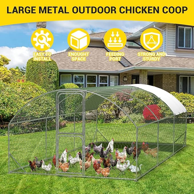 Large Metal Chicken Coop, Walk-In Poultry Cage, Chicken Run Pen House With Reinforcement & Waterproof & Anti-Ultraviolet Cover Chicken Coop Run With Double Lockable Doors for Outdoor 9.8 x 19.7X 6.6ft