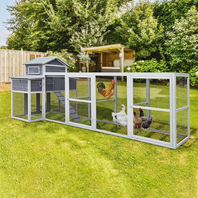Large Wooden Chicken Coop Outdoor Hen House with Nesting Box，Walk-in Poultry Cage with Secure Locks, Metal Mesh Run for Backyard Farm Use (Gray 150")