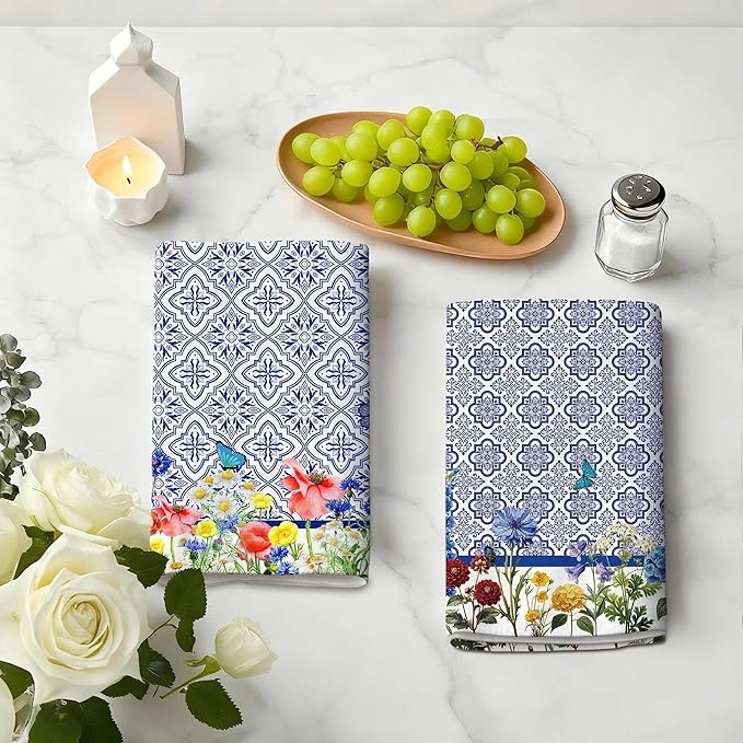Blue and White Kitchen Towels Set of 4, Blue Wildflower Decorative Tea & Hand Towels, Chinoiserie Dish Towel Dishclothes for Drying Cleaning, Spring Summer Kitchen Decor & Gifts for Cooking Lover