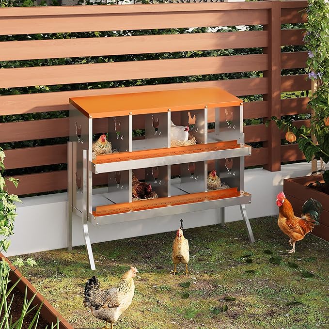 Chicken Nesting Box,8 Compartments Galvanized Steel Metal Chicken Laying Box with Roll Out Egg Collection,Wall Mount Chicken Nesting Boxes,Easy Egg Collection, Hen Roosting Boxes