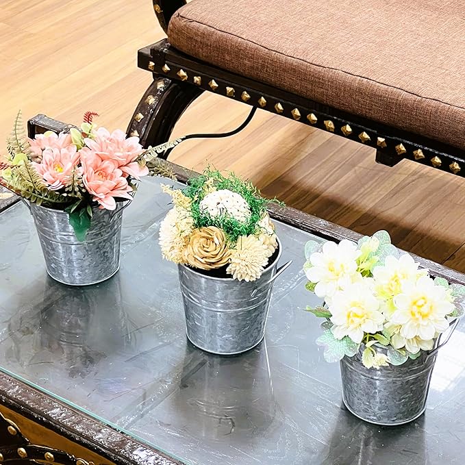 Hosley Set of 3 Galvanized Acid Wash Finish Bucket/Pots with PVC Liner 5" Dia x 5" H, Ideal Gift for Floral Arrangements Wedding Home Office Party DIY Indoor Outdoor Garden Patio