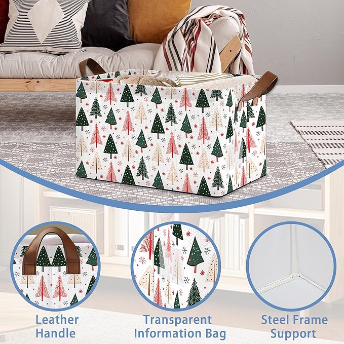 Christmas Tree Collapsible Storage Box,Winter Organizer Bin with Handles for Room Decoration,Bins Book Basket Box 17x11.5x10Inch