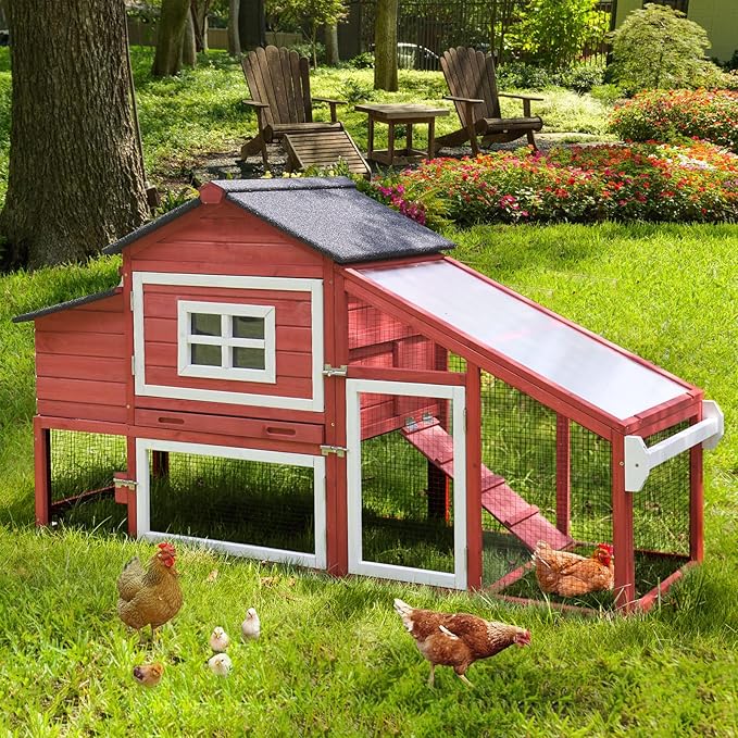 Aivituvin Chicken Coop Outdoor with Wheels, Mobile Hen House Wooden Poultry Cage with Run & Waterproof Roof (Red with White)