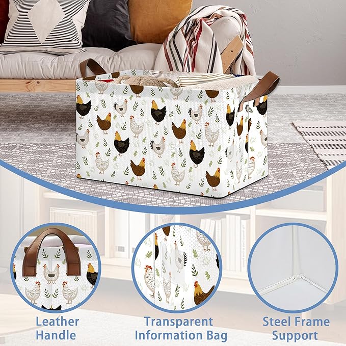 Roosters Chicken Storage Basket with Handles,Fern Plants Collapsible Rectangle Organizer Bin for Room Decoration Books Box Baskets 17x11.5x10Inch