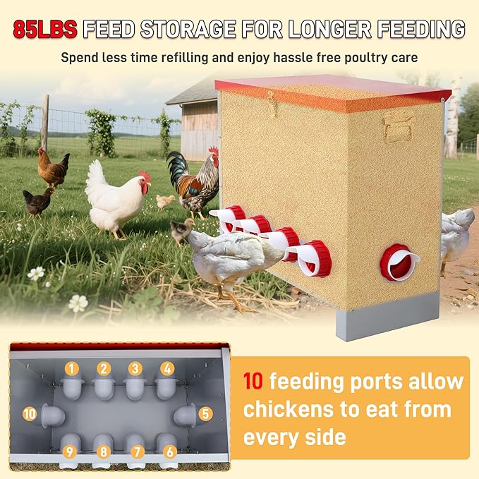 Large 85LB Automatic Chicken Feeder No Waste, Rat Proof Metal Poultry Feeder with 10 Feeding Ports, Rust-Proof Galvanized Steel Auto Chicken Feeder with Locking Lid for Chickens, Geese, Duck & Poultry