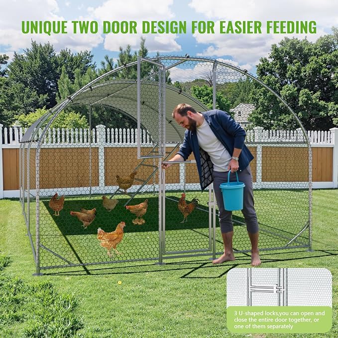 Large Metal Chicken Coop, 10x20x6.5FT Chicken Runs for Yard with Cover and Roosting Perch, Split Doors Walk in Chicken Coop
