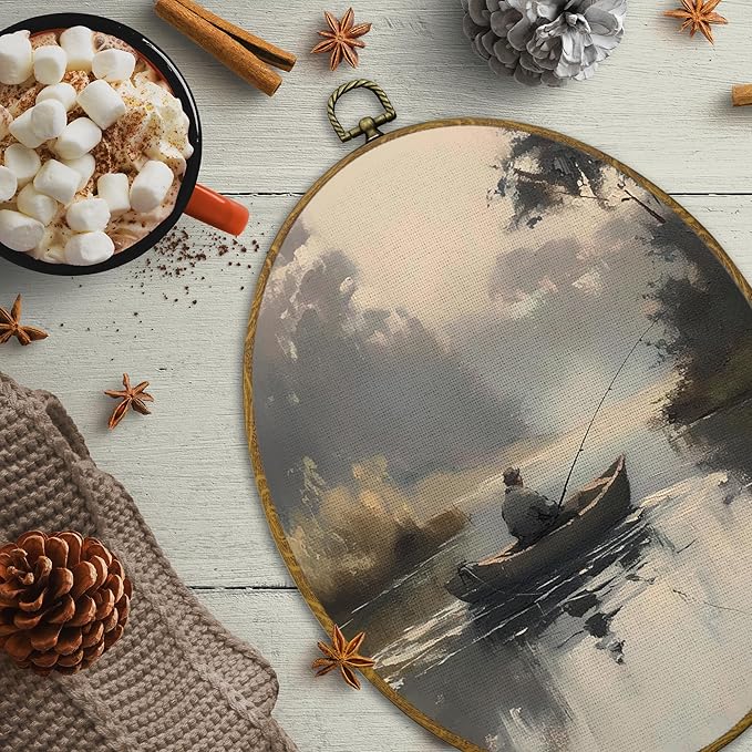 CUANFDDSF Vintage Fishing Oval Wall Art Decor, Rustic Fisherman Wall Hanging Decor, Farmhouse Countryside Landscape Fisherman Framed Canvas Prints for Home Bedroom Living Room, 8.6x11.4 Inch