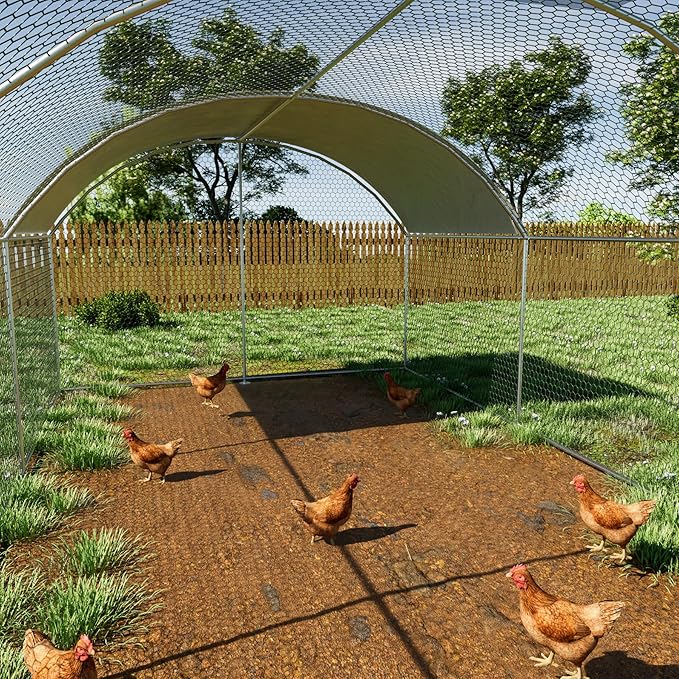 OUYESSIR Outdoor Metal Chicken Coop, Large Walk-in Chicken Run Pen with Waterproof Cover, Rabbit Habitat Dome Roof Dome Poultry Cage for Backyard Farm Use (10'W x 20'L x 6.5'H)