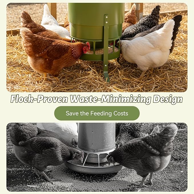 KOL Chicken Feeder No Waste for Coop & Outdoors, 16 Port 50lbs Poultry Feeder with Spill-Control Design, Rust-Proof Powder Coated Metal & Smooth Safe Edges (Avocado Green)