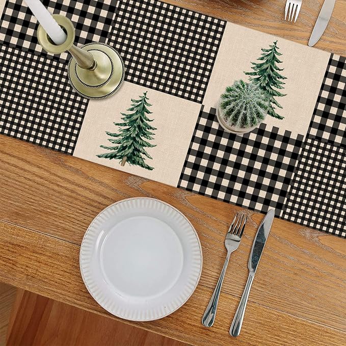 Seliem Black White Buffalo Plaid Check Table Runner, Pine Tree Winter Home Kitchen Decor, Christmas Seasonal Farmhouse Holiday Rustic Burlap Dining Decoration Housewarming Gift Party Supply 13X90