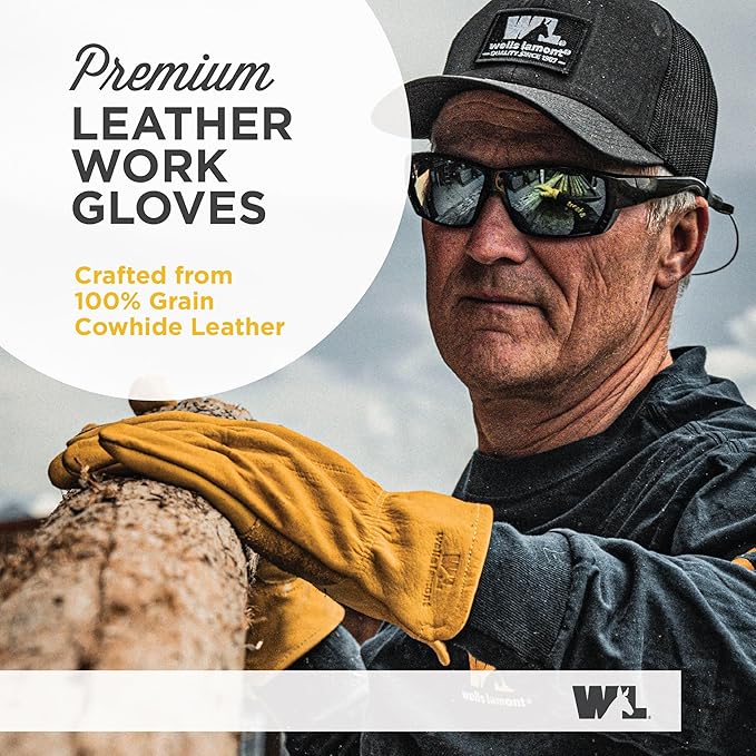 Wells Lamont Leather Work Gloves for Men – Grain Cowhide, Reinforced Palm – Ideal for Construction, Farming, Ranching – Ergonomic Fit, Keystone Thumb, Elasticized Wrist – Saddletan, Medium (1129M)