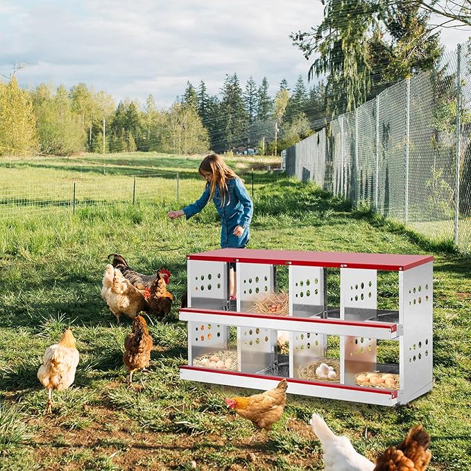 Chickens Nesting Boxes for Laying Eggs,8 Compartment Metal Chickens Laying Boxes with Roll Out Egg Collection & Basket & Vented Holes,Heavy Duty Egg Nest Box Chicken for Hens Chicken Coop Box