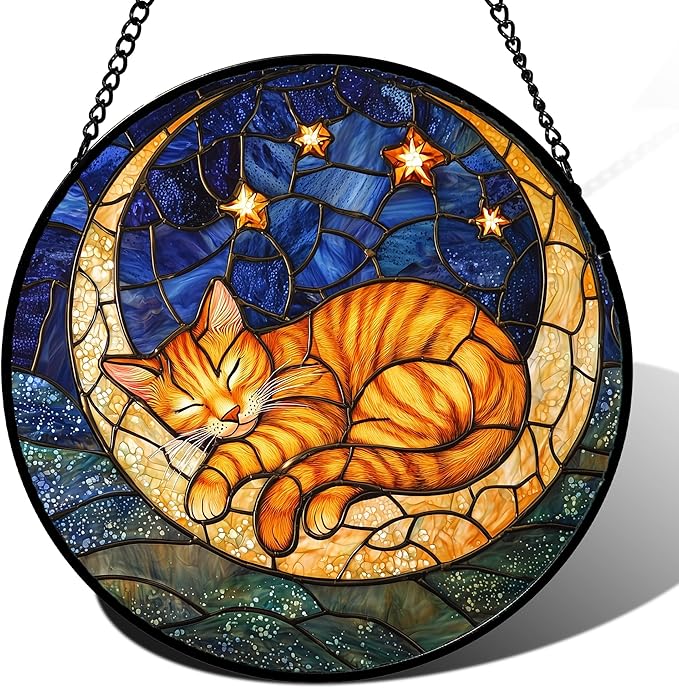 Stained Glass Window Hanging - Orange Moon Sleeping Cat Sun Catcher for Door Home Decor Blue Starry Sky Suncatcher Christmas Mother's Day Birthday Gifts for Women Men Mom Nana 6.3 in