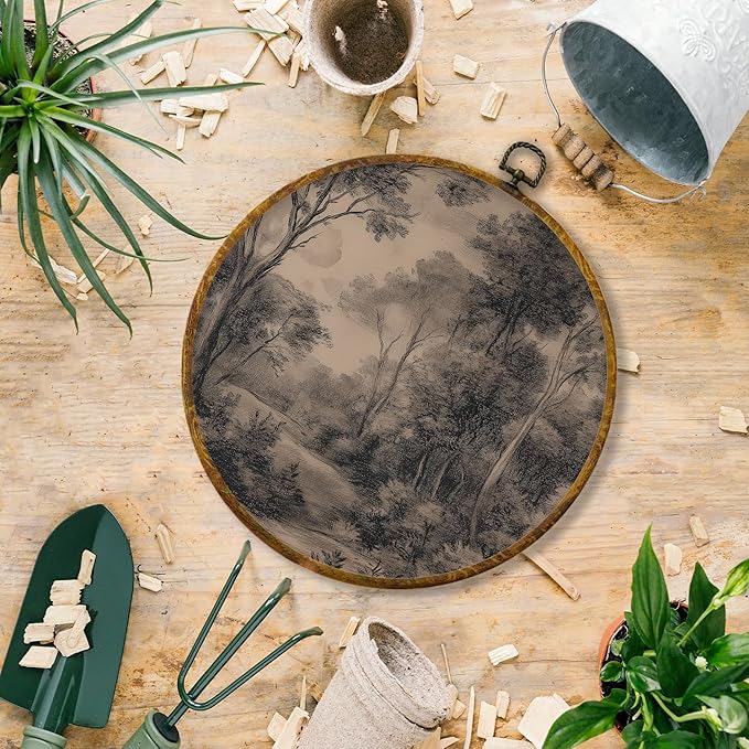 Hiuwevt Landscape Round Wall Art Decor, Vintage Dark Moody Forest Trees Framed Canvas Prints, Antique Rustic Nature Cottagecore Round Wall Hanging Decor for Bedroom Home Decorations, 10x10 Inches
