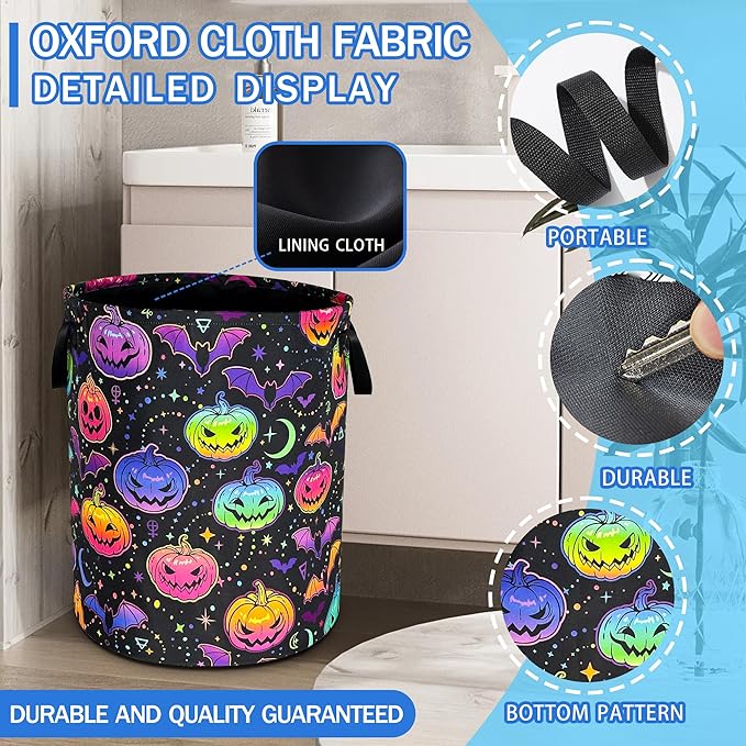 Pumpkin Bat Gothic Laundry Basket Oxford Cloth Funny Laundry Hamper With Handle Foldable Portable Clothes Storage Basket 18.9 X 16.5 In Storage Bag For Laundry Room/Bathroom/Bedroom/Dormitories