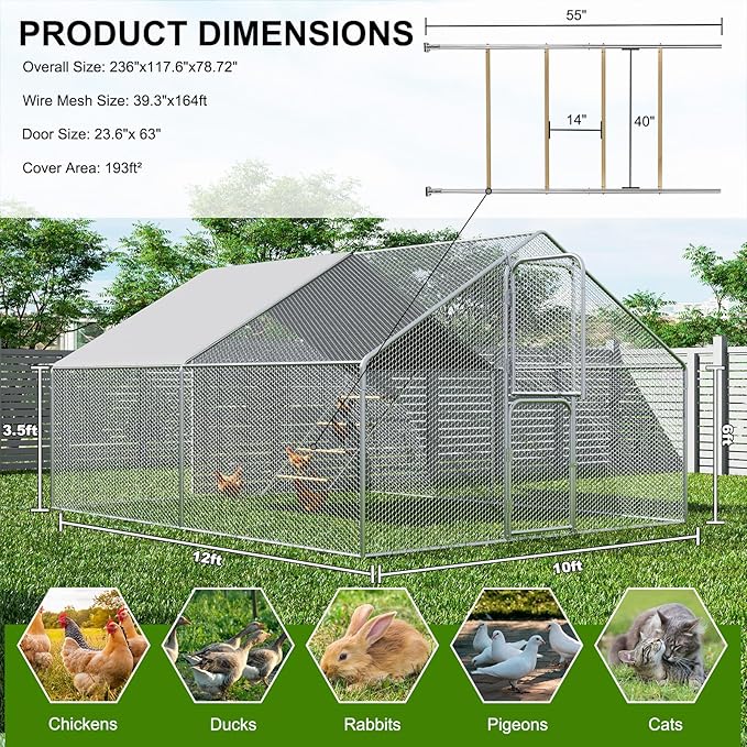Amopatio Metal Large Chicken Coop 12x9.8x6 FT Walk in Chickens Runs with Chicken Roosting Perch, Outdoor Chicken Pen with Security Lock and Split Door for Farm, Yard, Backyard