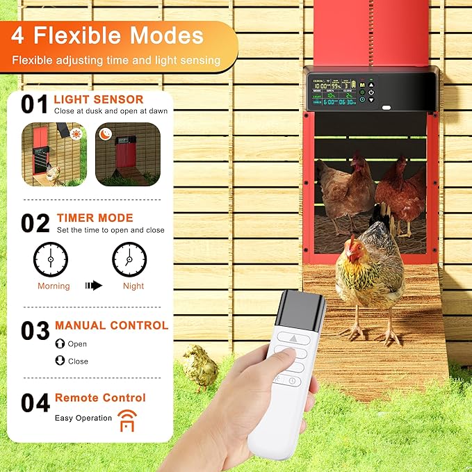 Chicken Coop Door Solar Powered with Programmable Remote Control, Automatic Aluminum Chicken Door 4 Modes with Color LCD Display