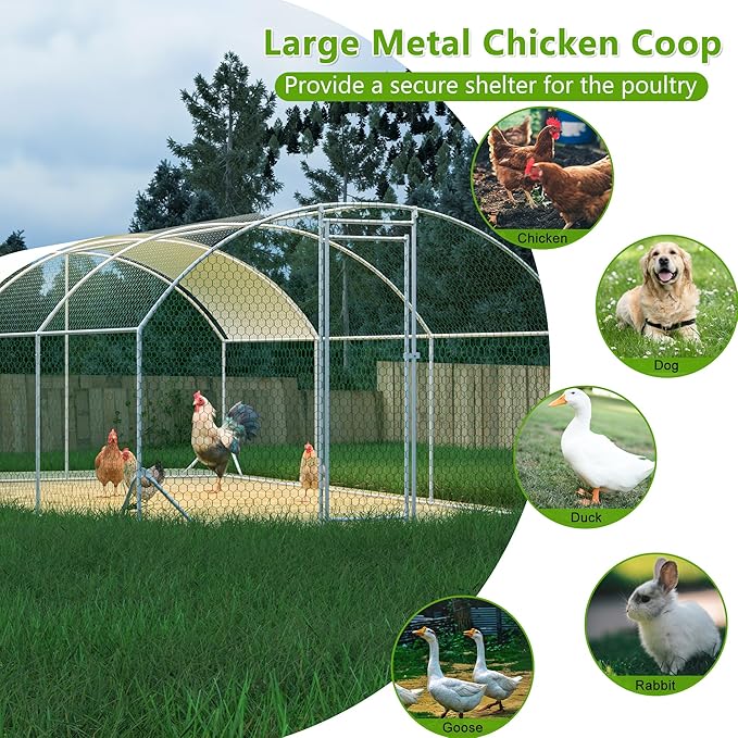 KEIKI Large Metal Chicken Coop, Chicken Run with Waterproof Cover, Farm Poultry Run Hutch Hen House, Heavy Duty Outdoor Walk-in Chicken Pen for Poultry Duck Rabbit, 19.68ft x 9.84ft x 6.56ft