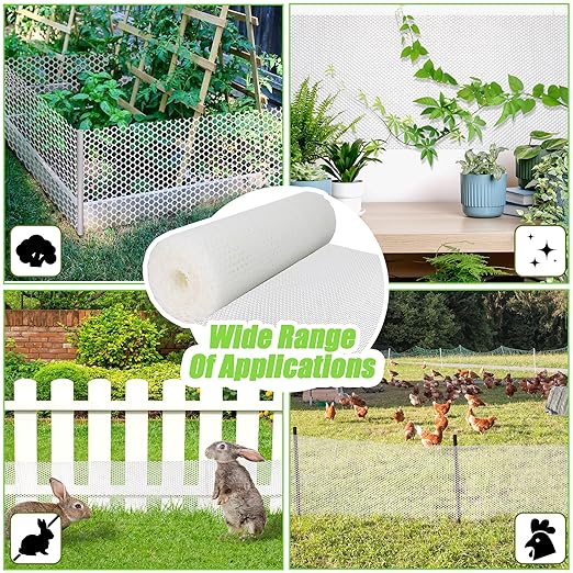 White Plastic Wire Mesh Fence Roll - 15.7IN x 20FT Plastic Chicken Wire Mesh for Poultry， Chicken Puppy Rabbit, Floral-Plastic Fence