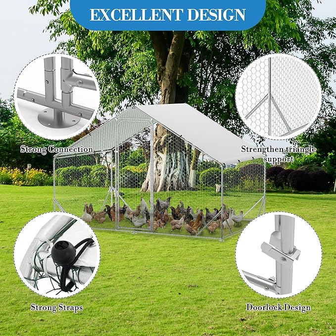 Metal Chicken Coop, 9.8x6.5x6.5 Ft Spire-Roof Poultry Cage with Waterproof and Anti-Ultraviolet Cover for Outside, Galvanized Steel Outdoor Chicken Pen for Backyard Farm Garden