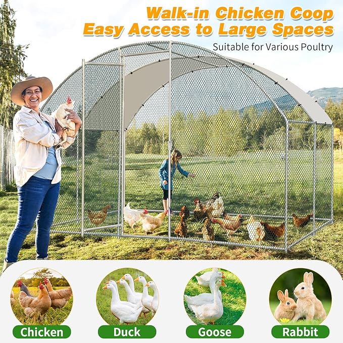 VINGLI Large Metal Chicken Coop, 9.8x9.8x6.5 ft Poultry Cage for Chicken Run, Walk-in Chicken Pen with Waterproof & Anti-UV Cover for Yard Outdoor (Silver-Dome Roof)