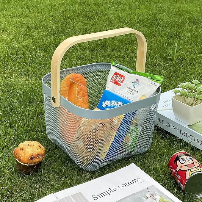 Metal Mesh Wire Basket, Small Steel Basket with Wooden Handle Storage Organizer Basket Multi-functional Hanging Kitchen Baskets Fruit Baskets for Kitchen Bathroom Cabinet Pantry Snacks, Blue