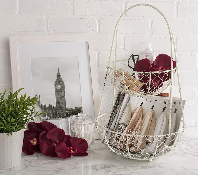DII Metal Kitchen Storage Collection Farmhouse Stand 2-Tier Fruit Basket, Antique White
