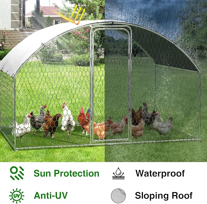 Garvee Metal Chicken Run, 9.8 x 6.5 x 6.5 Ft Metal Chicken Coop for Yard with Waterproof and Anti-Ultraviolet Cover, Dome Roof Walk in Chicken House, Poultry Cage for Hen, Duck and Rabbit